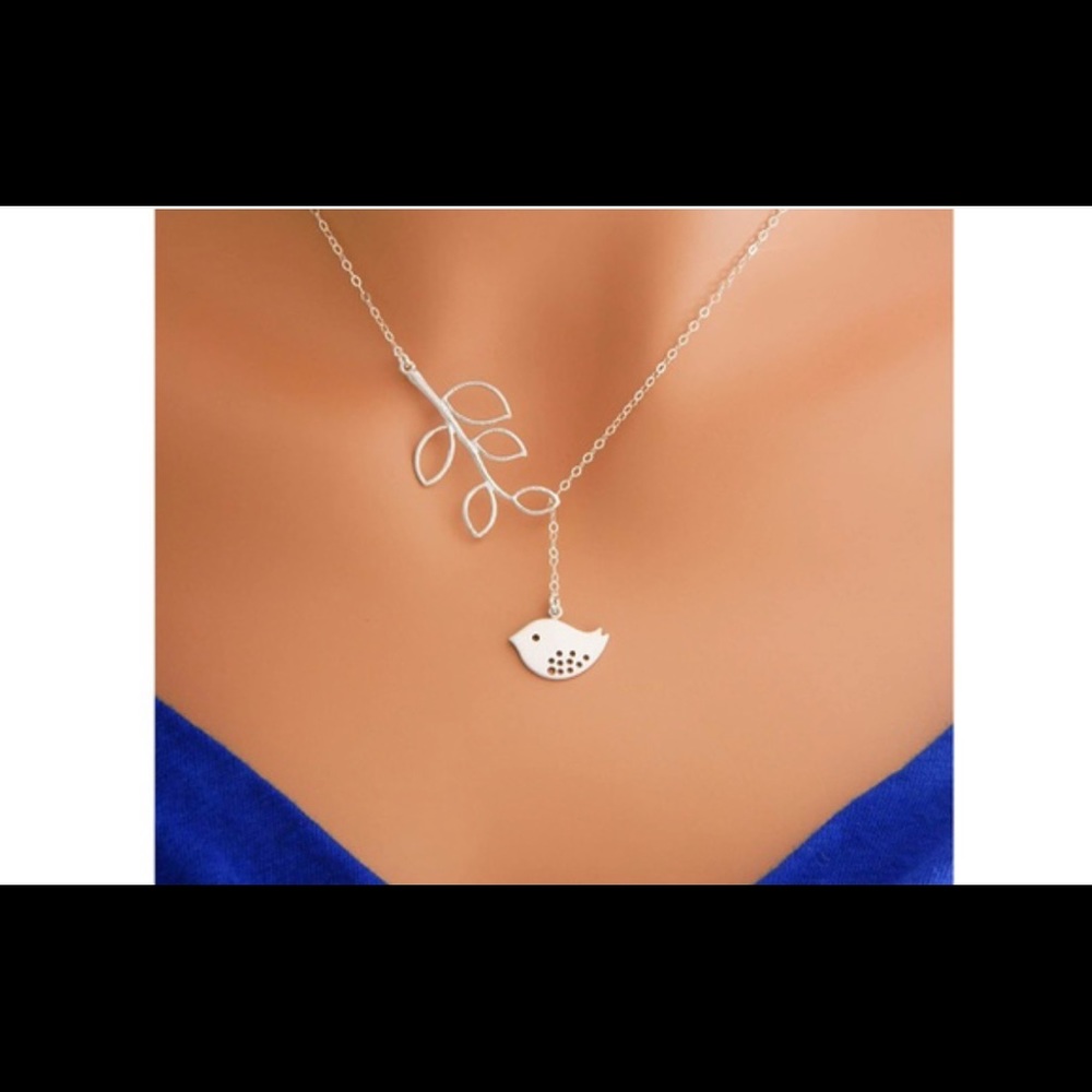 Silver Plated Lariat Bird And Leaf Pendant